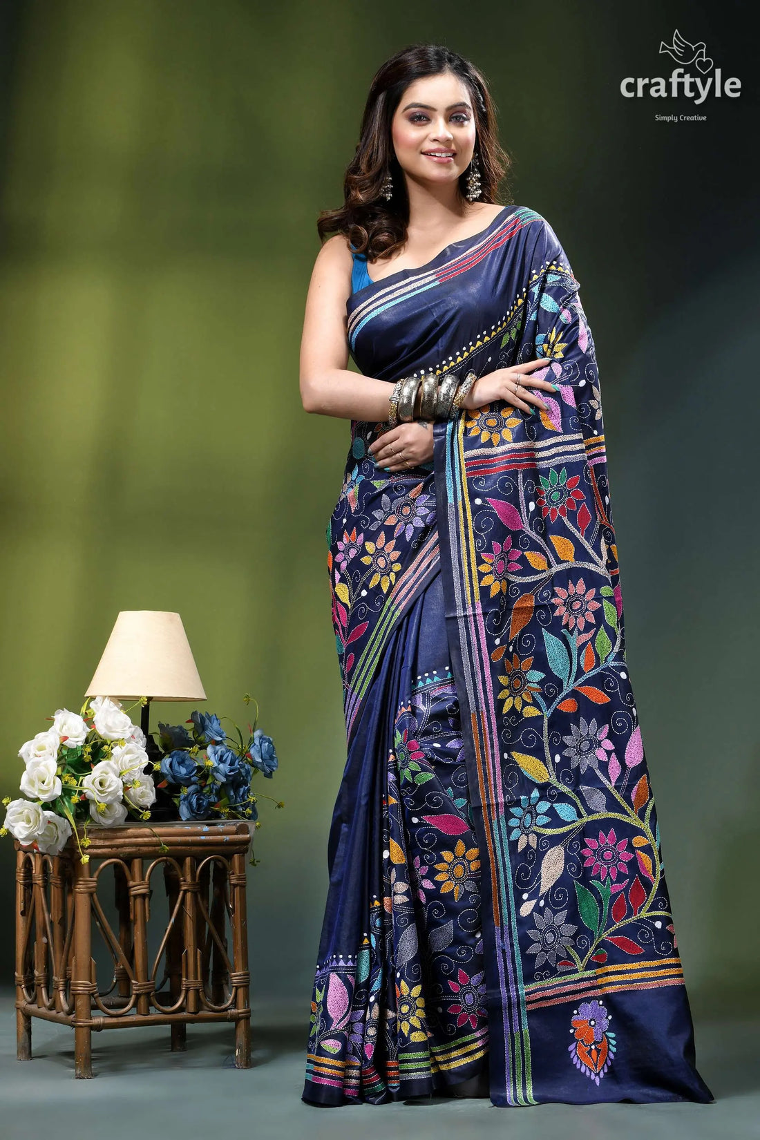 Astronaut blue exquisite floral design kantha embroidery silk saree navy blue saree adorned vibrant 1