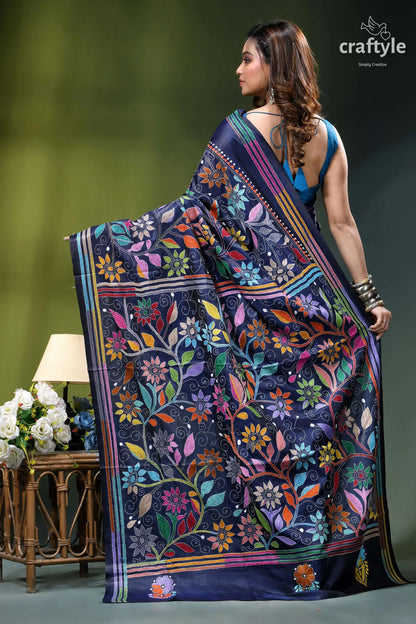 Astronaut blue exquisite floral design kantha embroidery silk saree navy blue silk saree adorned 5