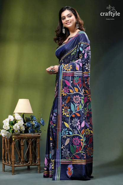 Astronaut blue exquisite floral design kantha embroidery silk saree woman wears navy blue saree 3