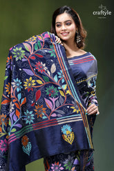 Astronaut blue exquisite floral design kantha embroidery silk saree navy blue silk saree intricate 2