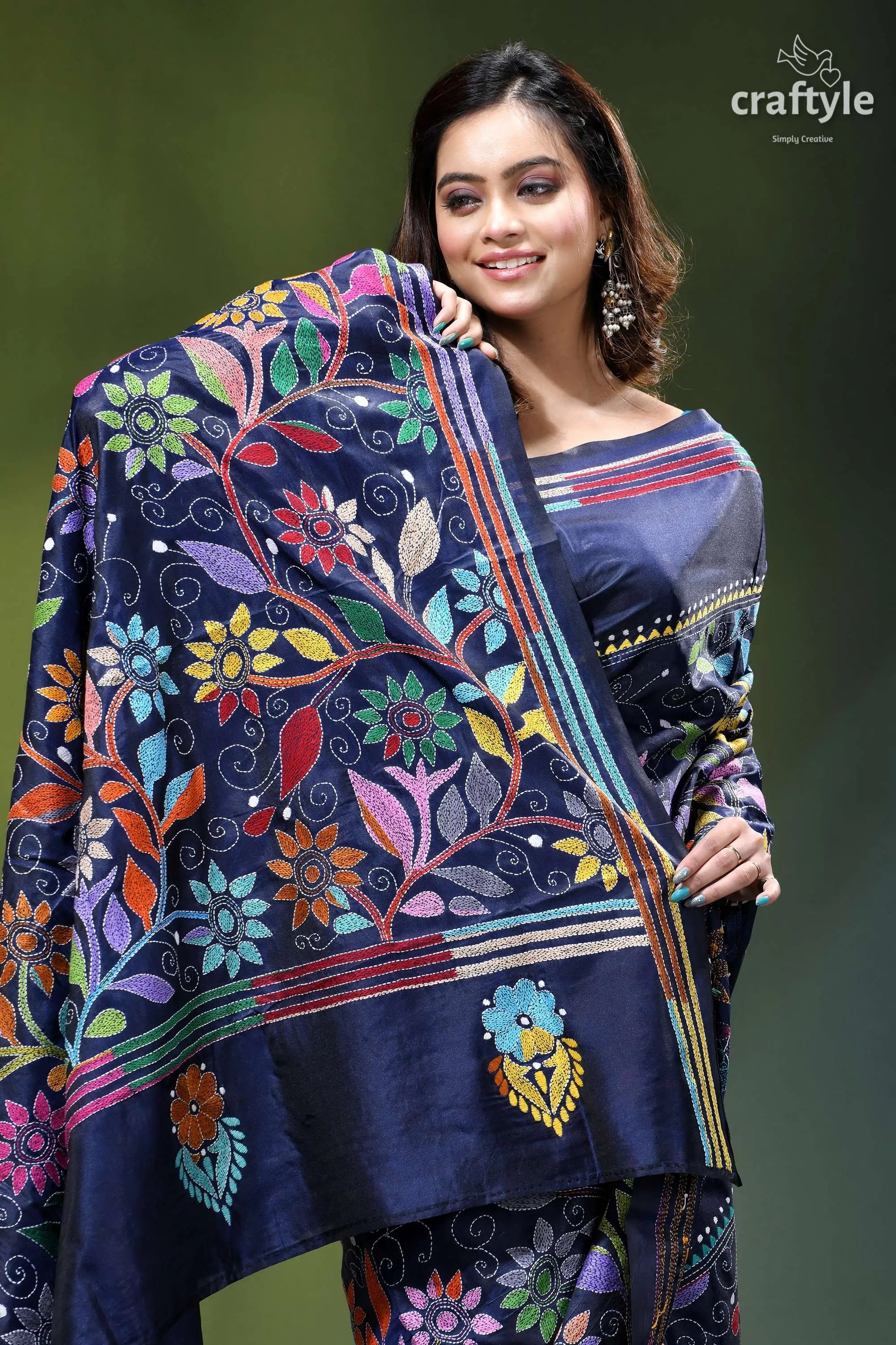Astronaut blue exquisite floral design kantha embroidery silk saree navy blue silk saree intricate 2