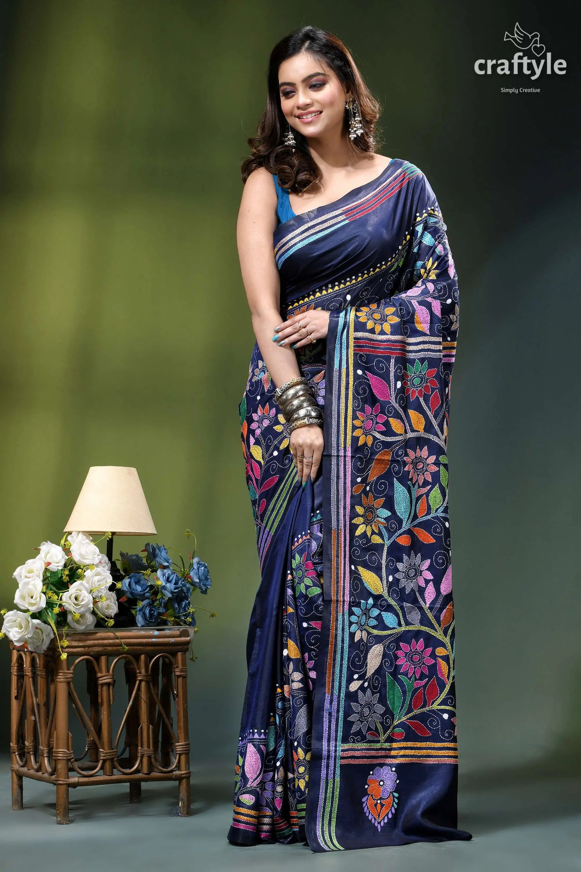Astronaut blue exquisite floral design kantha embroidery silk saree navy blue saree adorned vibrant 6
