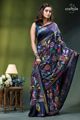 Astronaut blue exquisite floral design kantha embroidery silk saree woman wears navy blue silk 4