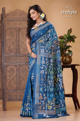 Astronaut Blue Floral Design Kantha Stitch Silk Sari - Craftyle