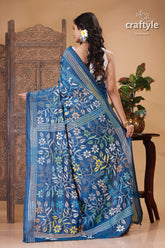 Astronaut Blue Floral Design Kantha Stitch Silk Sari - Craftyle