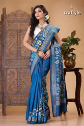 Astronaut Blue Floral Design Kantha Stitch Silk Sari - Craftyle
