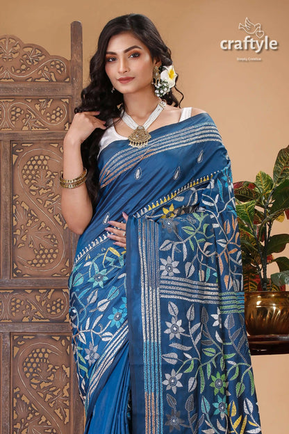 Astronaut blue floral design kantha stitch silk sari blue floral embroidered saree 2