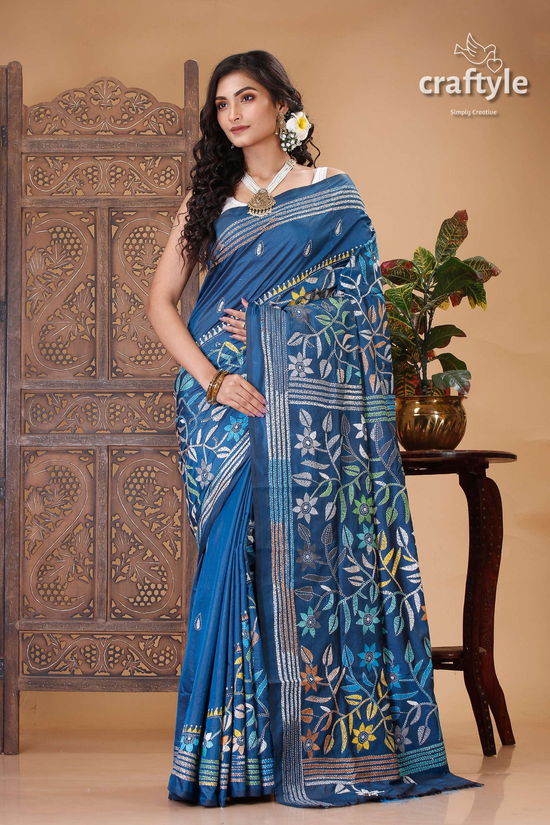 Astronaut Blue Floral Design Kantha Stitch Silk Sari - Craftyle