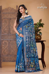 Astronaut Blue Floral Design Kantha Stitch Silk Sari - Craftyle