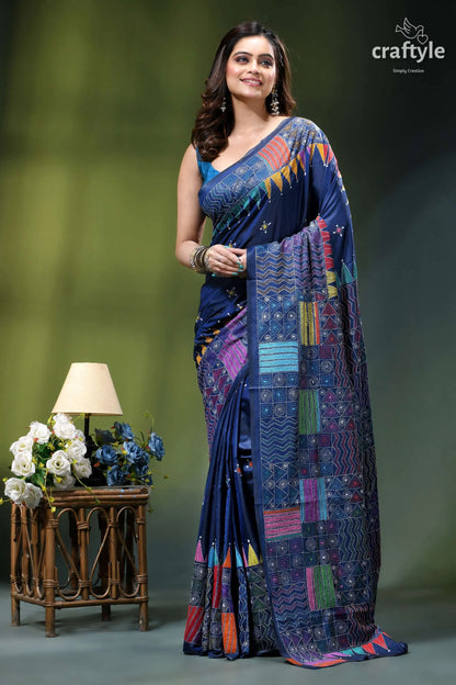 Astronaut blue geometric pattern exquisite silk kantha stitch saree navy blue saree intricate geometric 6