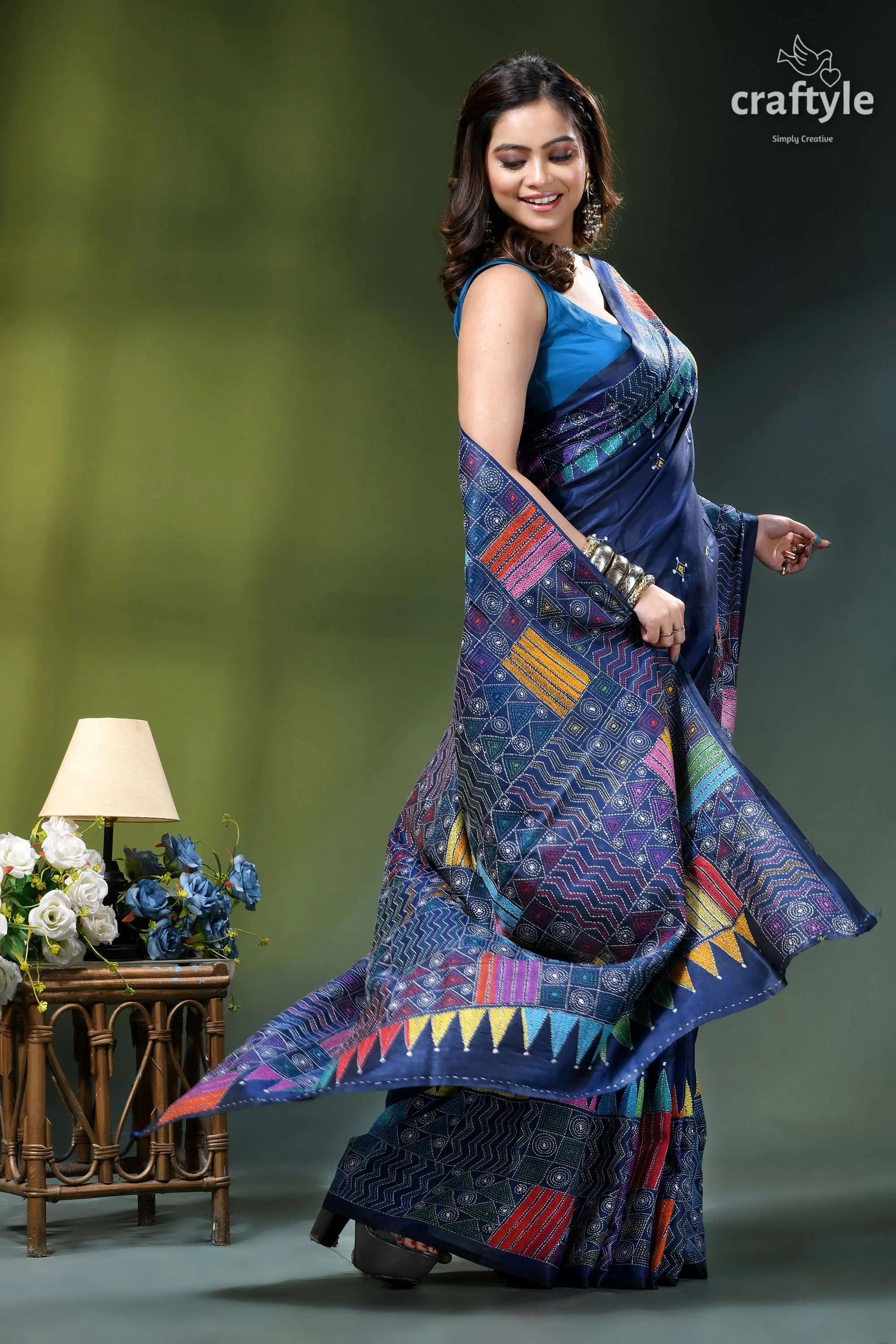 Astronaut blue geometric pattern exquisite silk kantha stitch saree vibrant navy blue saree intricate 4