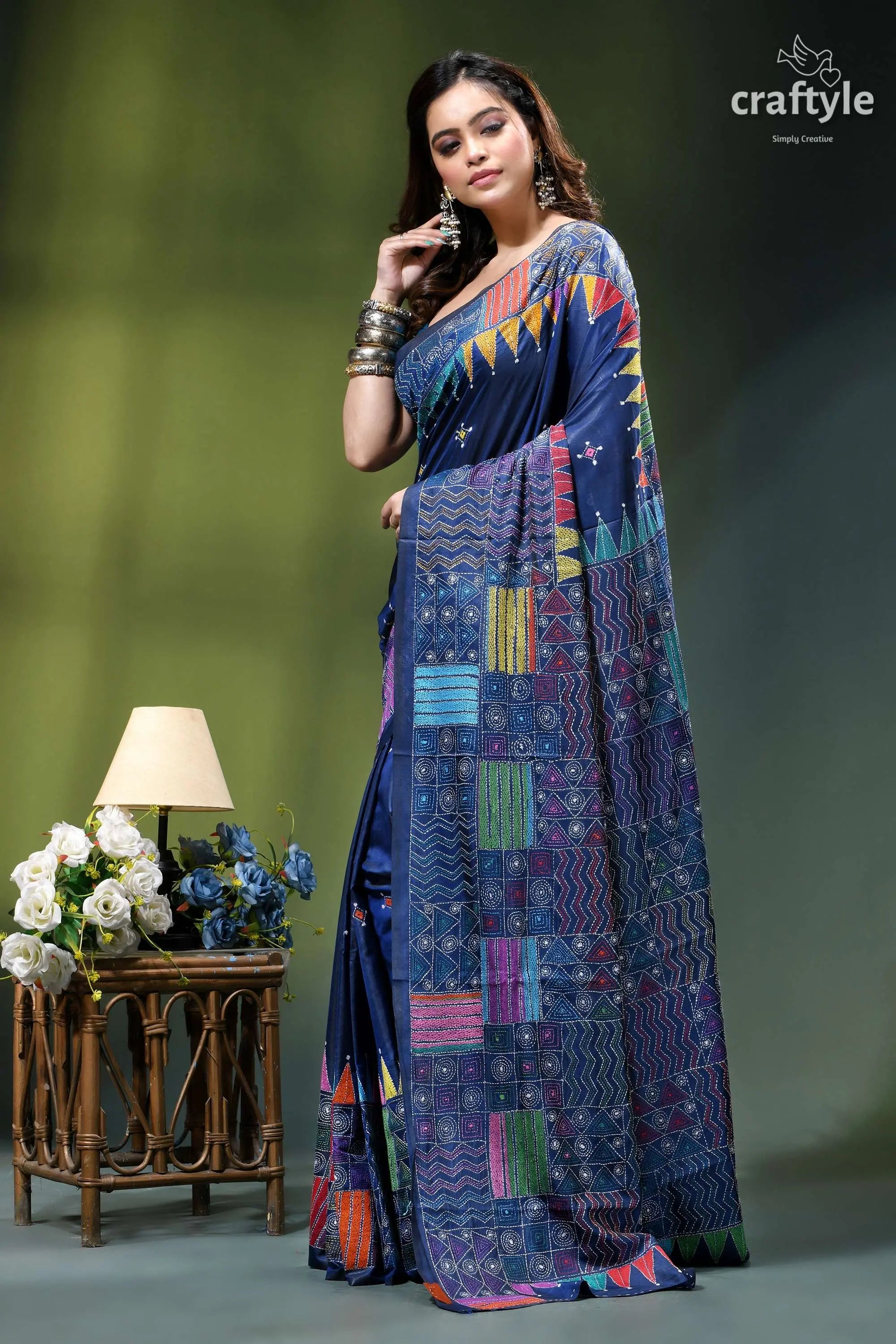 Astronaut blue geometric pattern exquisite silk kantha stitch saree navy blue saree vibrant patchwork-style 3