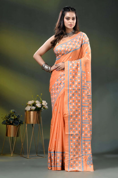 Atomic tangerine silk gujrati stitch saree with handcrafted ethnic work 1