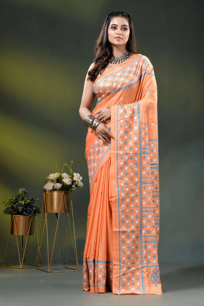 Atomic tangerine silk gujrati stitch saree with handcrafted ethnic work 6