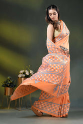 Atomic tangerine silk gujrati stitch saree with handcrafted ethnic work 4