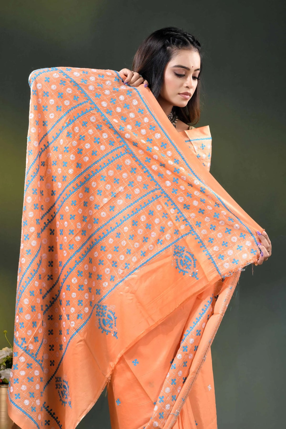 Atomic tangerine silk gujrati stitch saree with handcrafted ethnic work 2