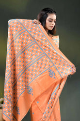 Atomic tangerine silk gujrati stitch saree with handcrafted ethnic work 2
