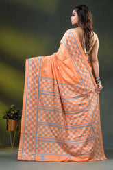 Atomic tangerine silk gujrati stitch saree with handcrafted ethnic work 5