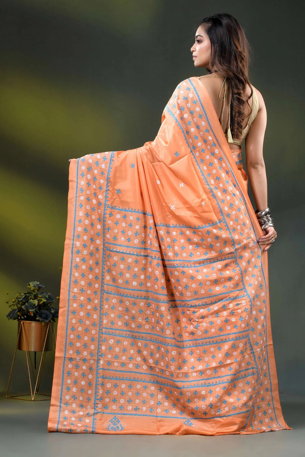 Atomic tangerine silk gujrati stitch saree with handcrafted ethnic work 5