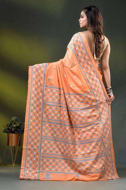 Atomic tangerine silk gujrati stitch saree with handcrafted ethnic work 5