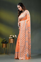 Atomic tangerine silk gujrati stitch saree with handcrafted ethnic work 3