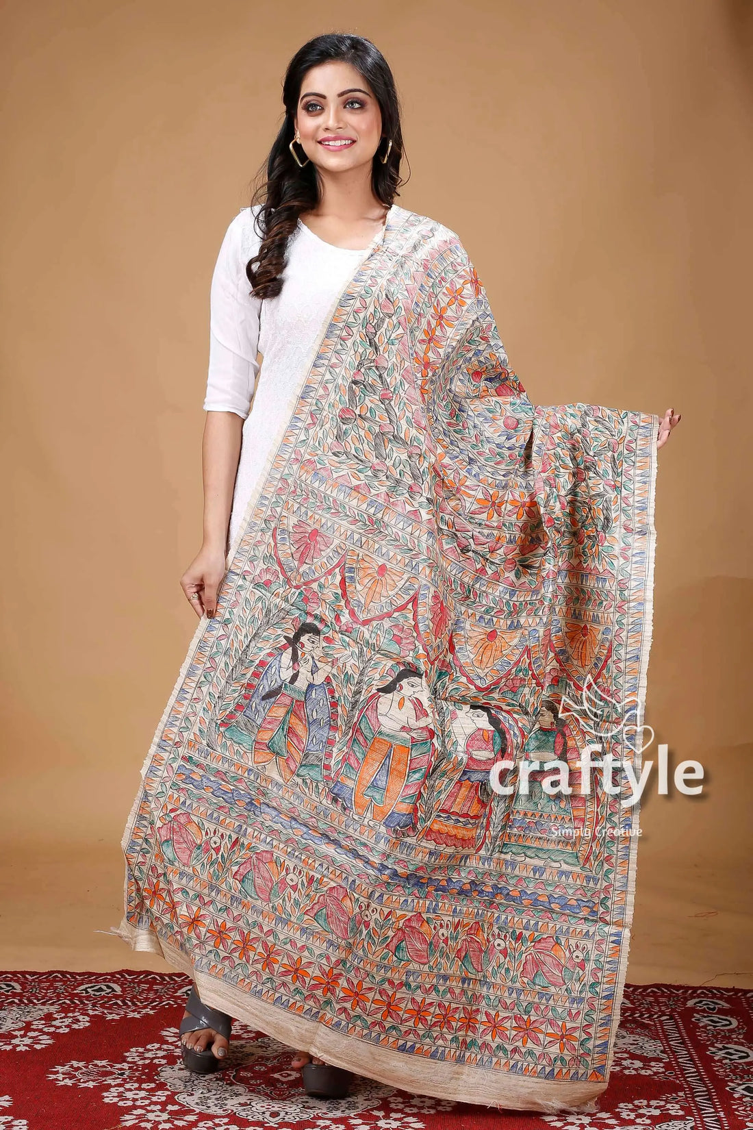 Authentic handcrafted madhubani dupatta intricately patterned shawl figures 1