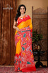 Authentic multicolor hand batik pure cotton saree - exquisite craftsmanship woman yellow red patterned sari 1