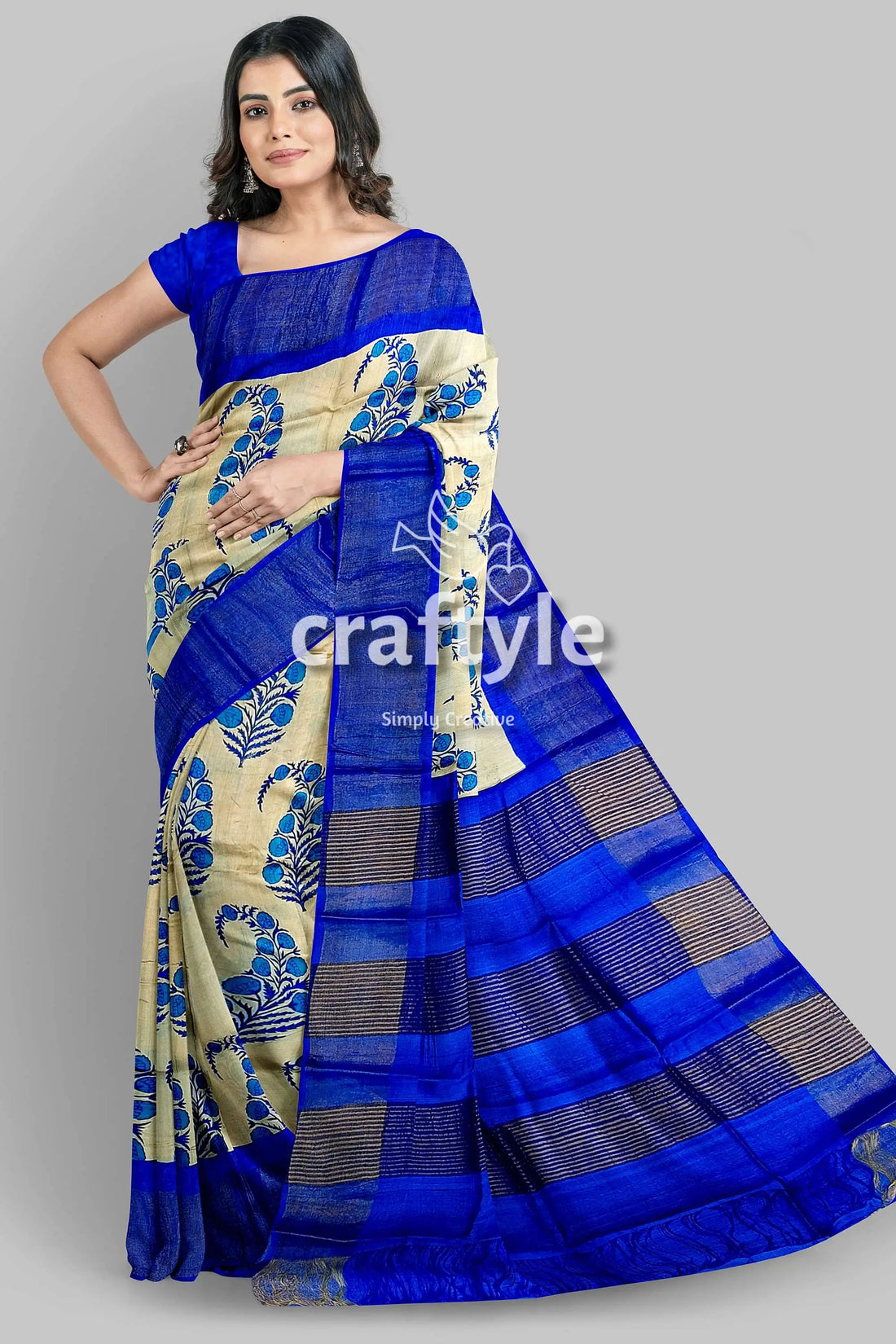 Azure blue cream hand block print zari border pure tussar saree woman blue beige saree 1