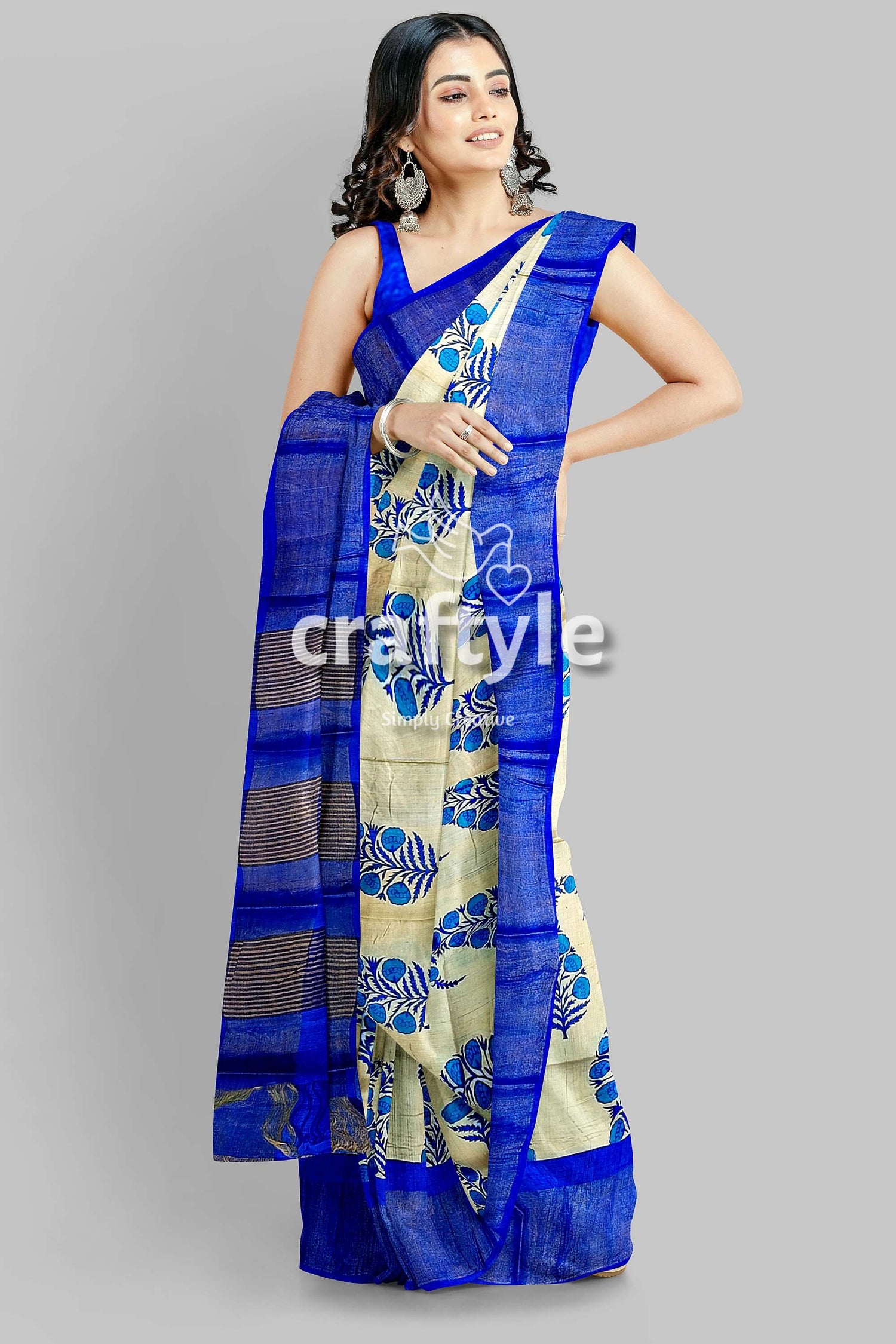Azure Blue Cream Hand Block Print Zari Border Pure Tussar Saree - Craftyle
