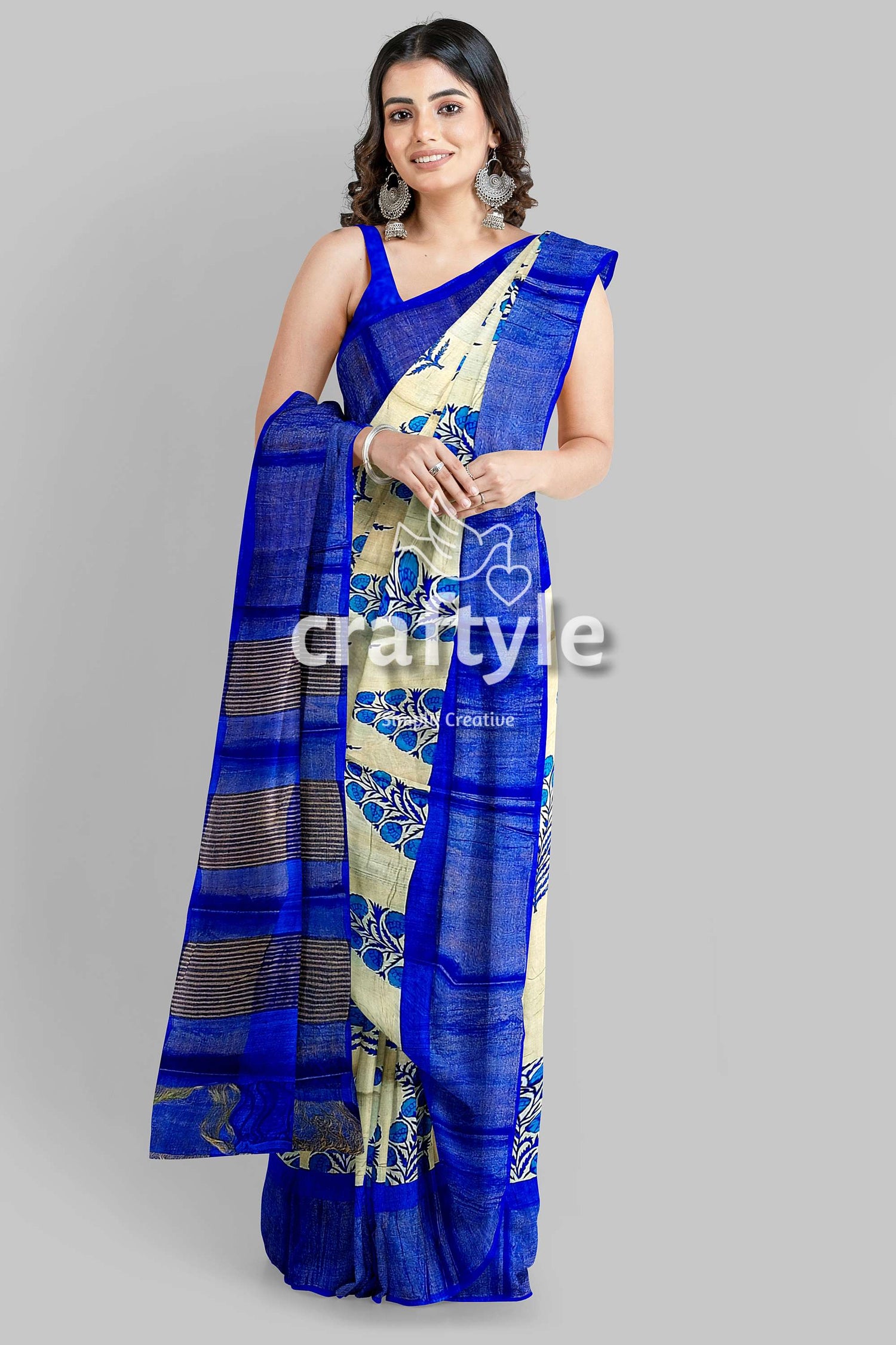 Azure Blue Cream Hand Block Print Zari Border Pure Tussar Saree - Craftyle