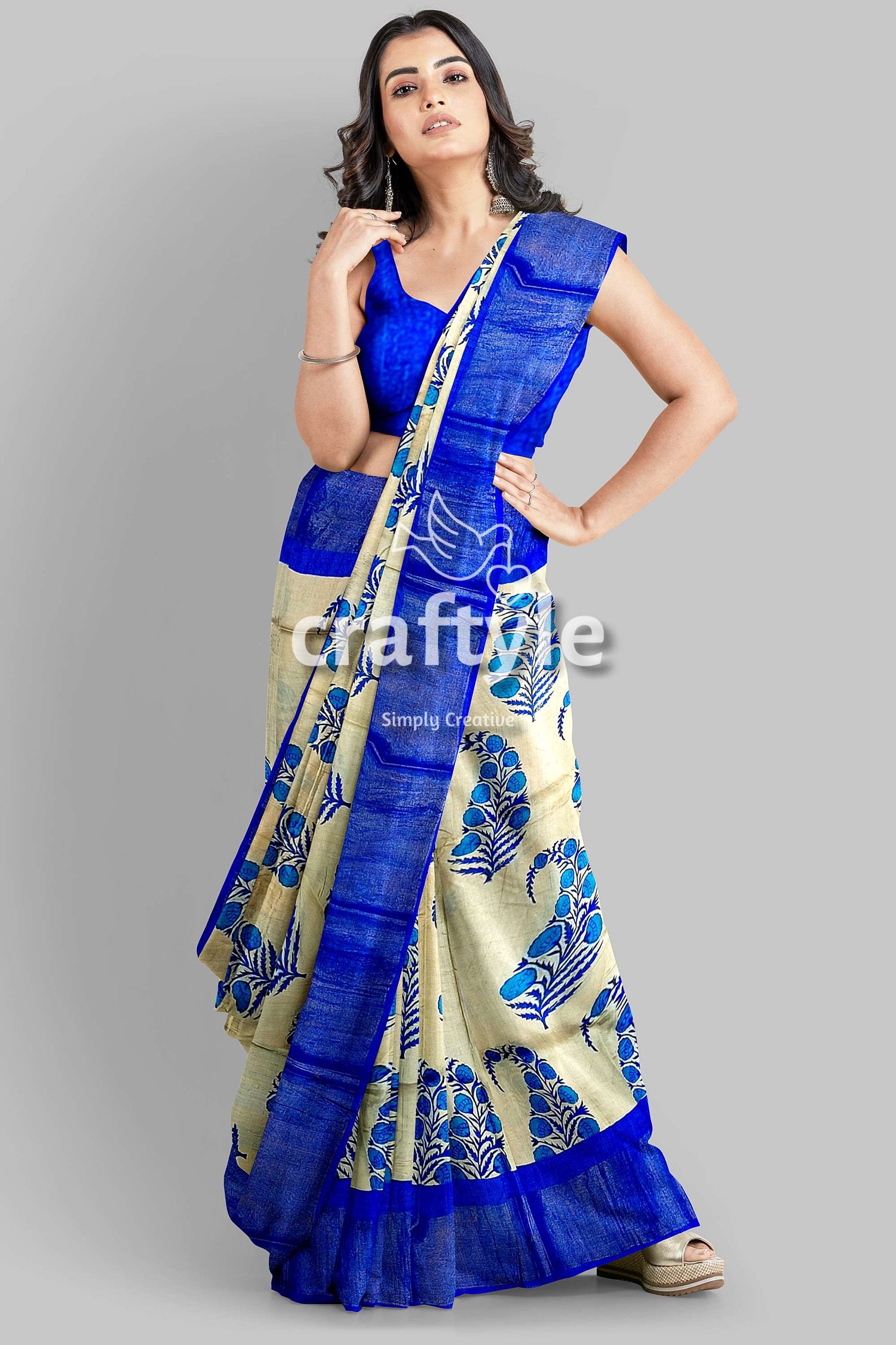 Azure Blue Cream Hand Block Print Zari Border Pure Tussar Saree - Craftyle
