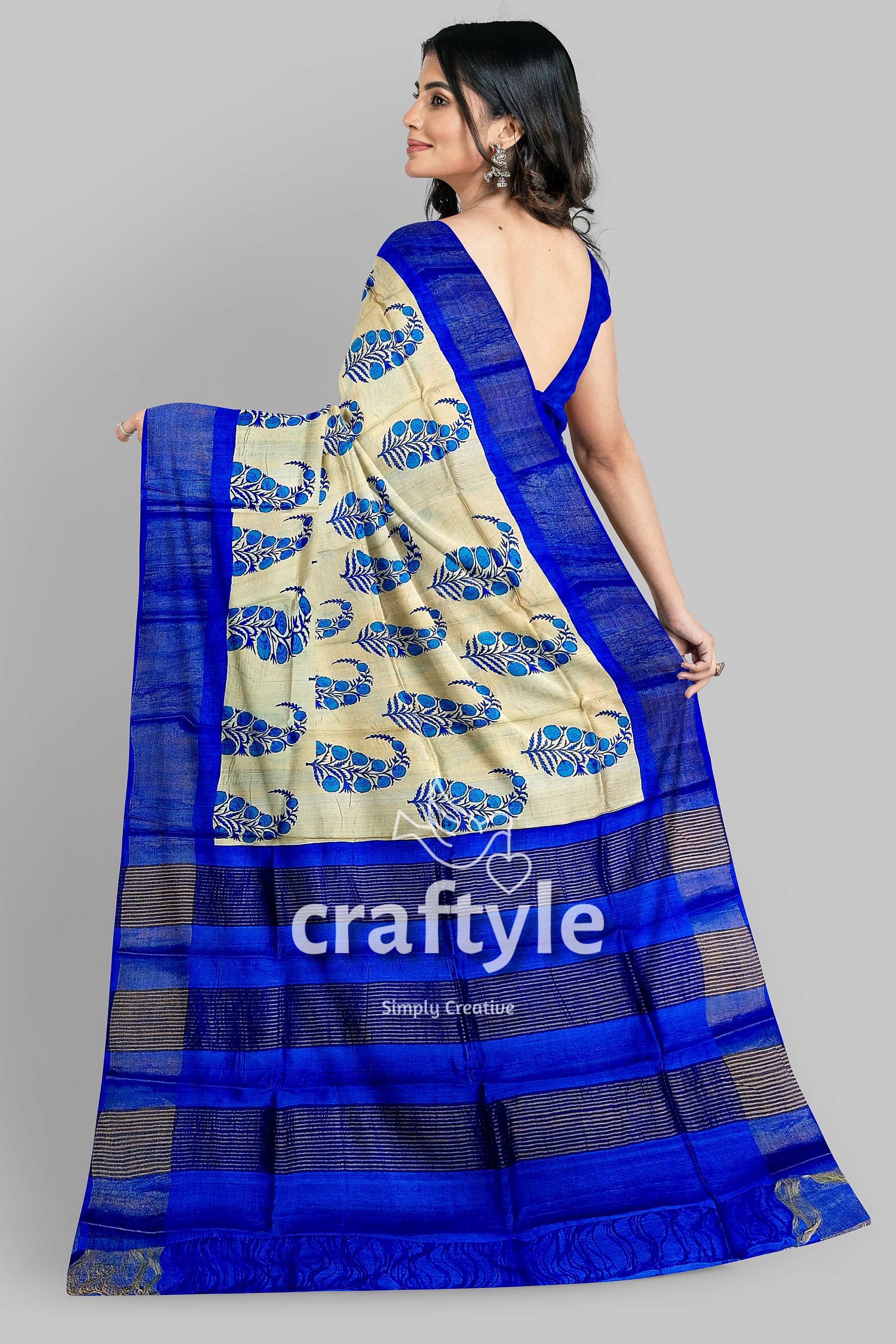 Azure Blue Cream Hand Block Print Zari Border Pure Tussar Saree - Craftyle