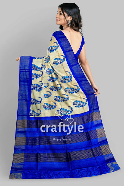 Azure Blue Cream Hand Block Print Zari Border Pure Tussar Saree - Craftyle
