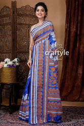 Azure blue exquisite kantha stitch saree blue orange patterned saree 3