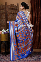Azure blue exquisite kantha stitch saree blue orange patterned saree 5