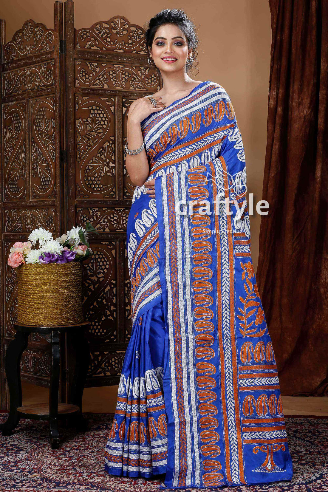Azure Blue Exquisite Kantha Stitch Saree-Craftyle