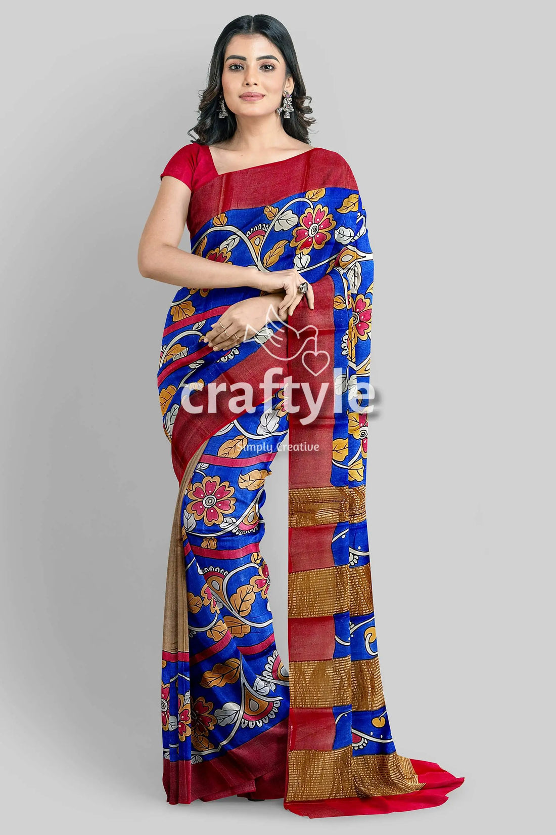 Azure blue hand-painted pure tussar saree with zari border - kalamkari design floral patterned saree 1