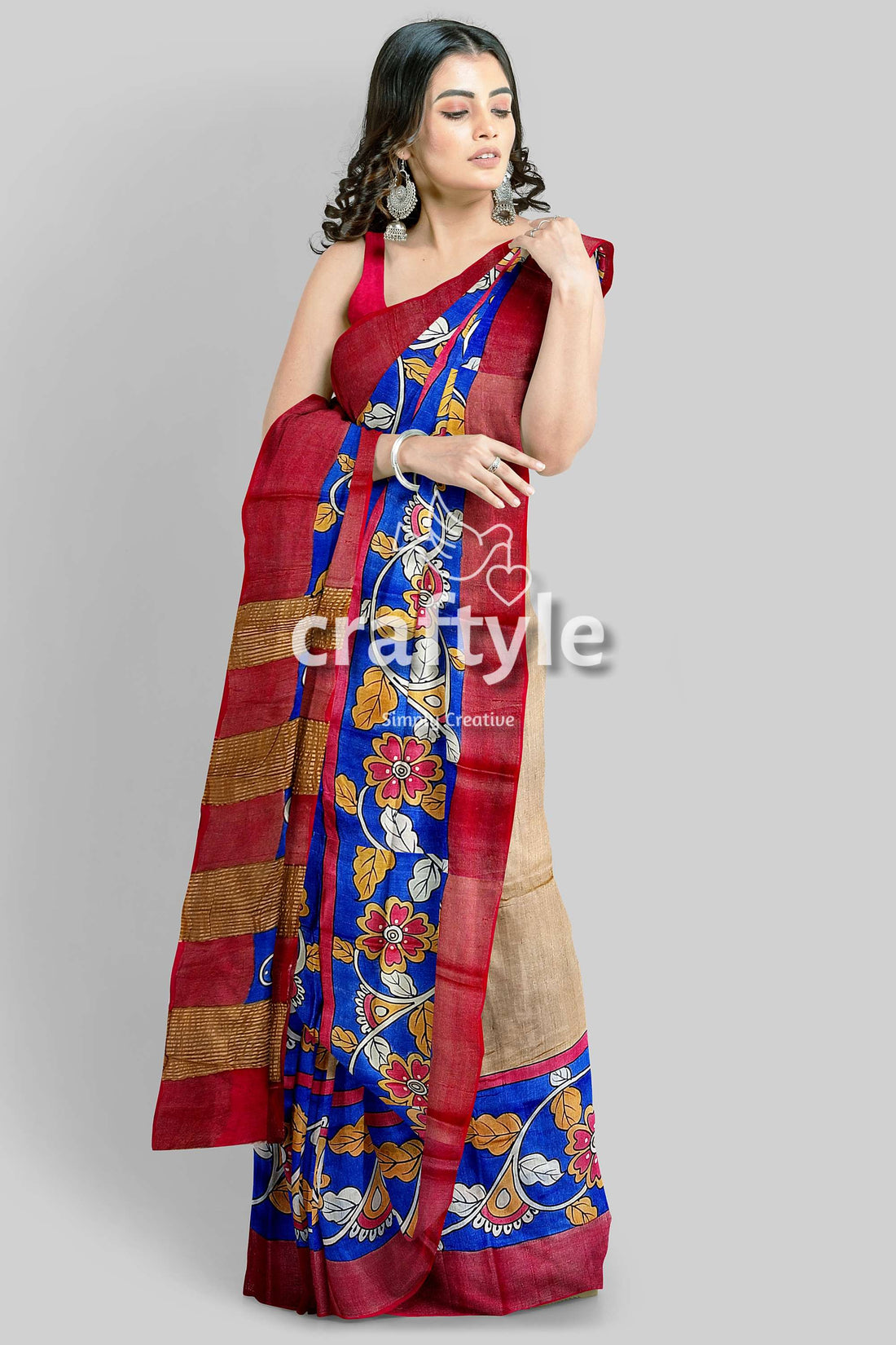 Azure Blue Hand-Painted Pure Tussar Saree with Zari Border - Kalamkari Design - Craftyle