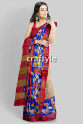 Azure Blue Hand-Painted Pure Tussar Saree with Zari Border - Kalamkari Design - Craftyle
