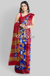 Azure Blue Hand-Painted Pure Tussar Saree with Zari Border - Kalamkari Design - Craftyle