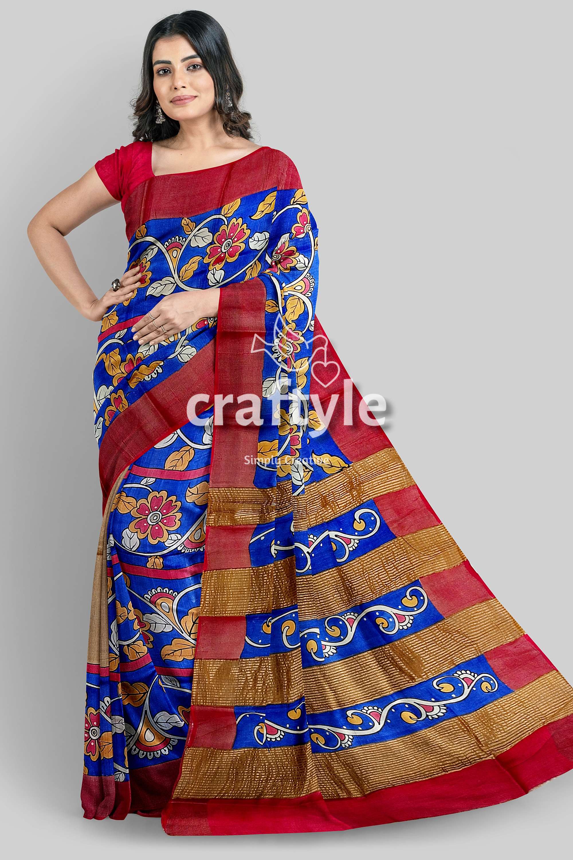 Azure Blue Hand-Painted Pure Tussar Saree with Zari Border - Kalamkari Design - Craftyle