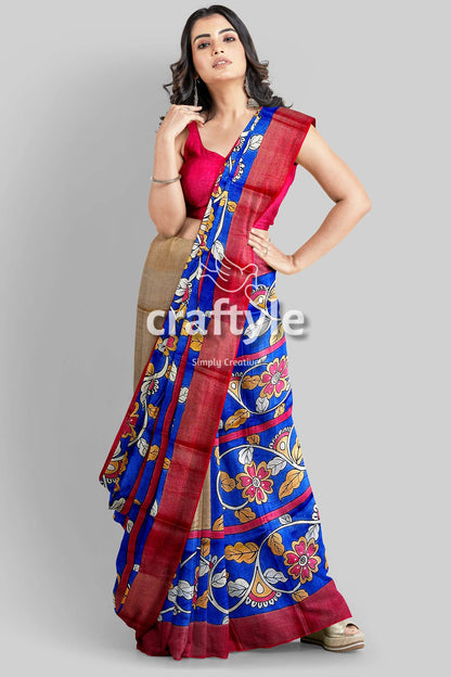 Azure Blue Hand-Painted Pure Tussar Saree with Zari Border - Kalamkari Design - Craftyle