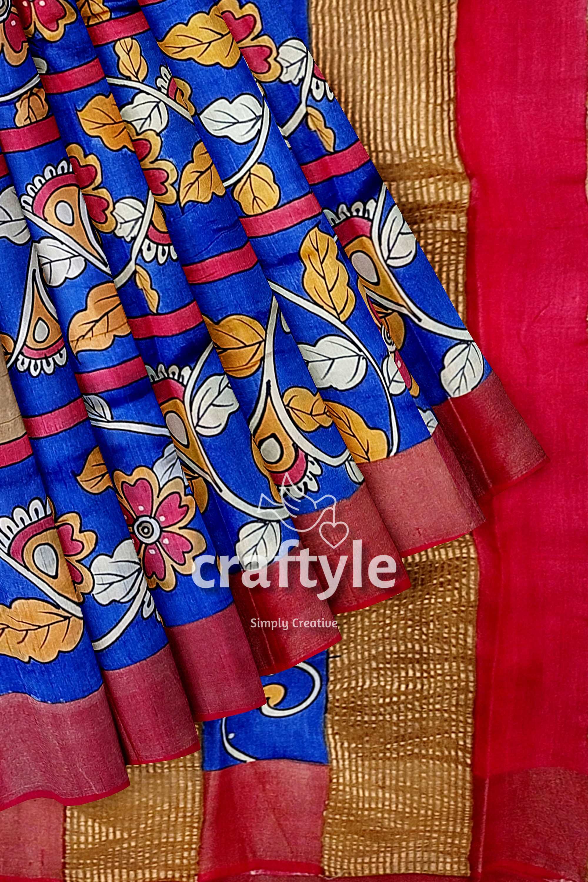 Azure Blue Hand-Painted Pure Tussar Saree with Zari Border - Kalamkari Design - Craftyle