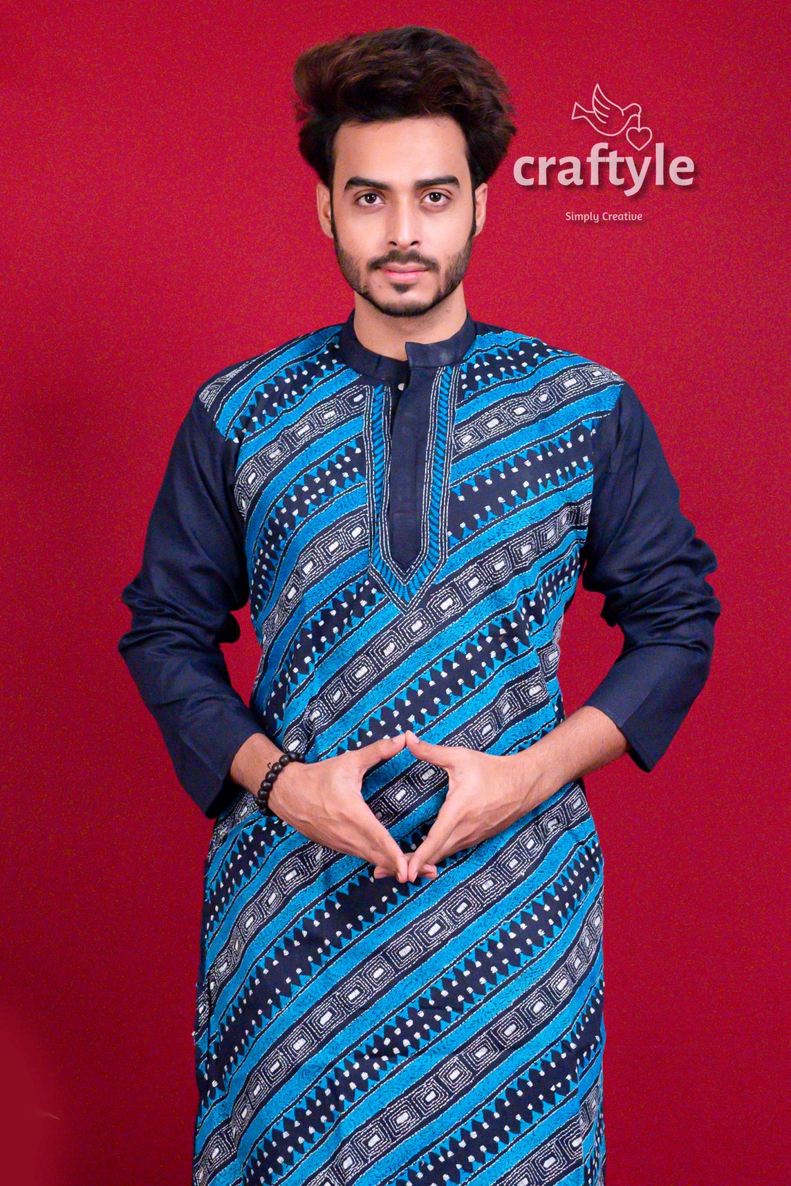 Azure Blue Kantha Stitch Designer Cotton Panjabi for Men - Craftyle