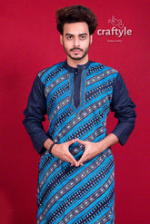 Azure Blue Kantha Stitch Designer Cotton Panjabi for Men - Craftyle