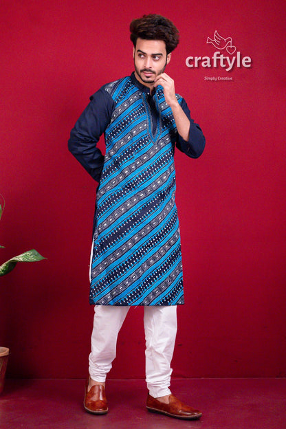 Azure Blue Kantha Stitch Designer Cotton Panjabi for Men - Craftyle