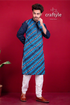 Azure blue kantha stitch designer cotton panjabi for men man patterned kurta white pants 1