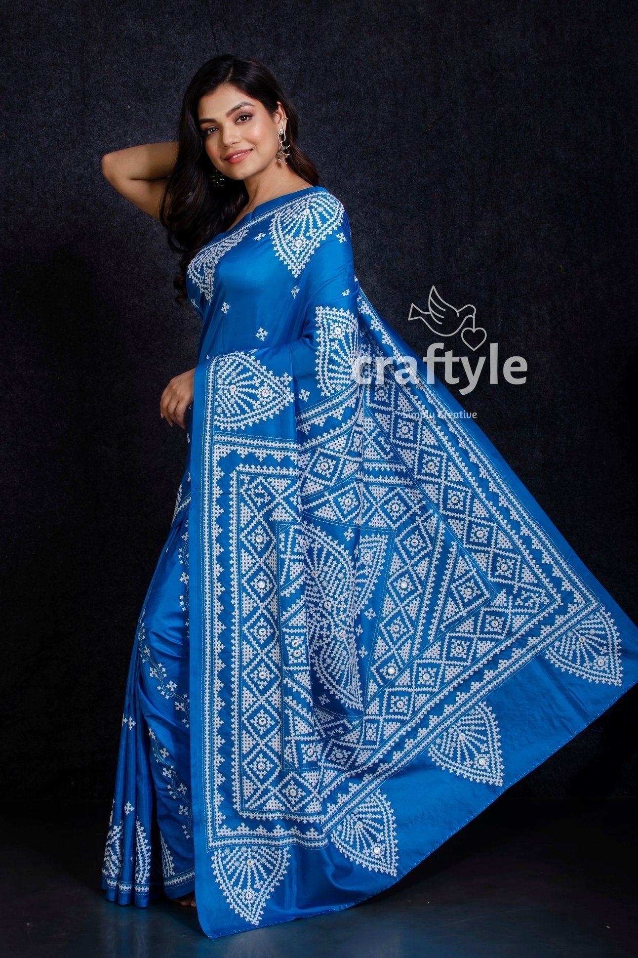 Azure Blue Kantha Stitch Pure Bangalore Silk Saree-Craftyle