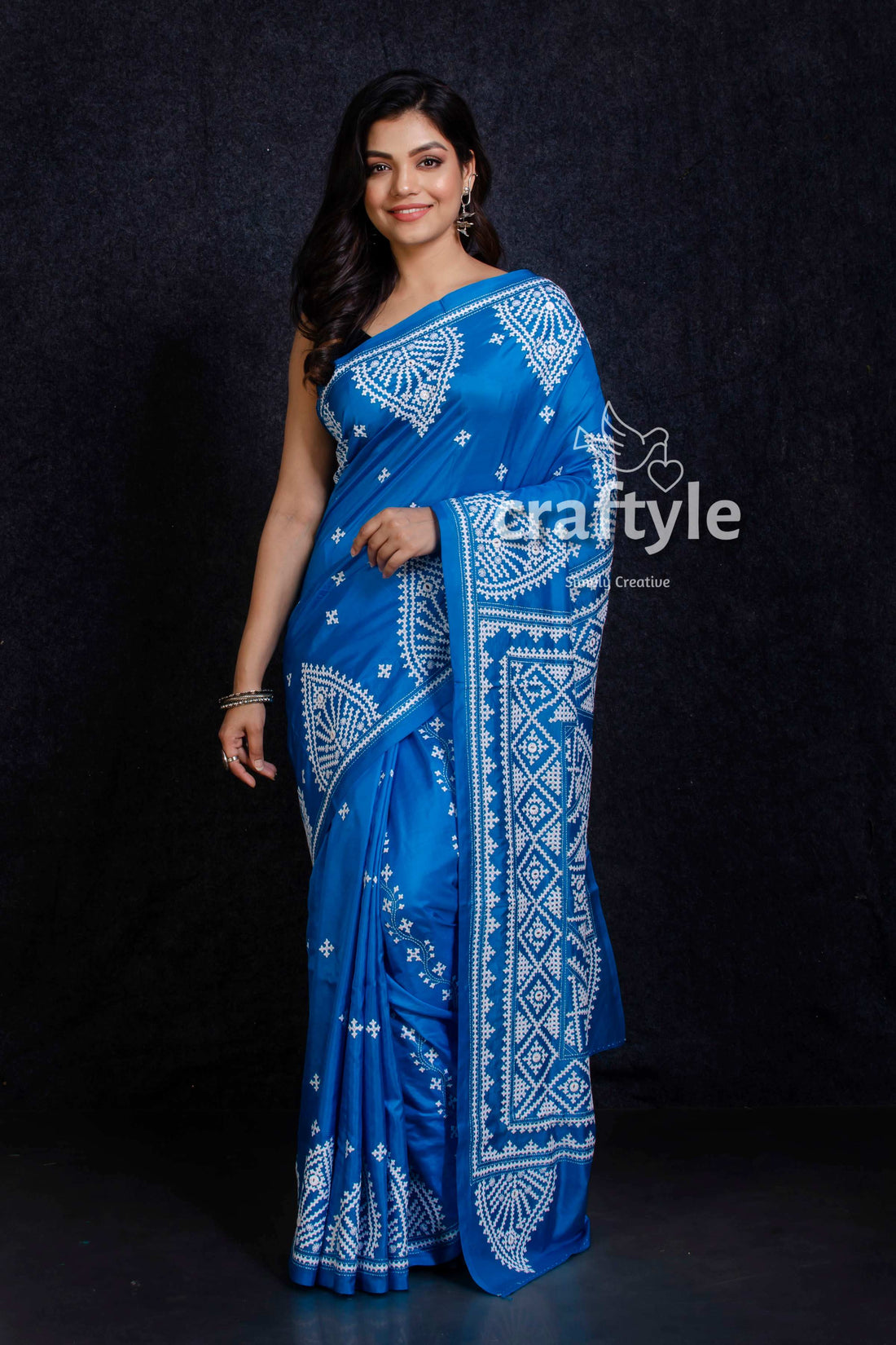 Azure Blue Kantha Stitch Pure Bangalore Silk Saree-Craftyle