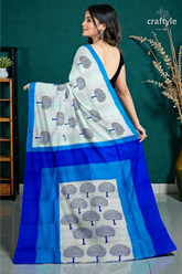 Azure blue mulberry pure silk saree with hand block print - elegant and ethereal 5